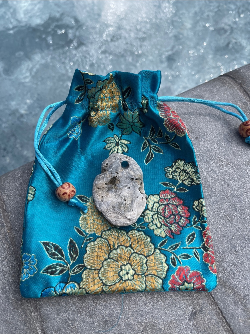 Turquoise Floral Satin Drawstring Jewelry Pouch with Hagstone